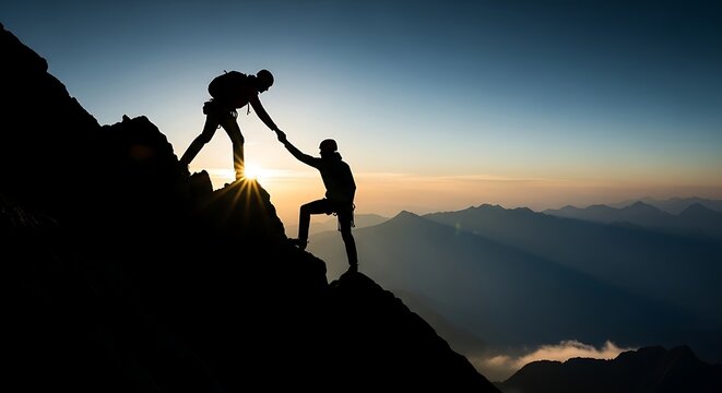 Silhouette Climbers Helping Each Other Reach Summit at Sunrise Mountain Scenery