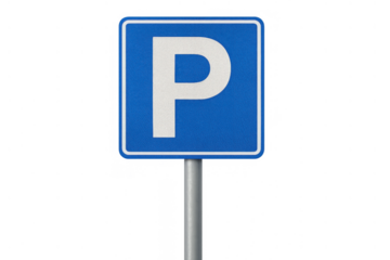 Parking sign showing white letter p on blue square background for vehicle parking area information