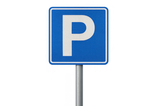 Parking sign showing white letter p on blue square background for vehicle parking area information