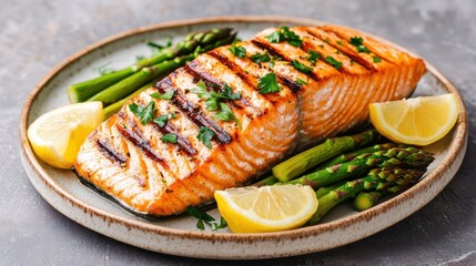 Grilled Salmon with Asparagus and Lemon Wedges on a Plate