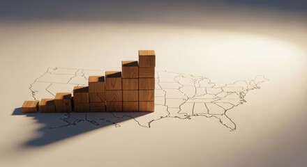 Wooden blocks stacked in a bar graph formation over a map of the united states to represent economic growth and recovery