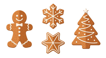 Gingerbread cookies: man, snowflake, star, and Christmas tree with white icing.