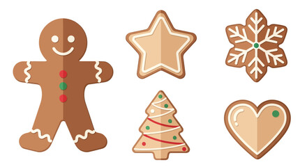 Festive gingerbread cookies in various shapes, decorated with icing.