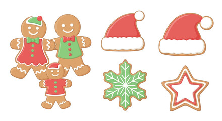 Gingerbread family, Santa hats, snowflake and star cookies on white background.