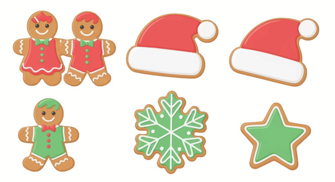 Festive Christmas cookies: gingerbread people, Santa hats, snowflake, and star shapes.