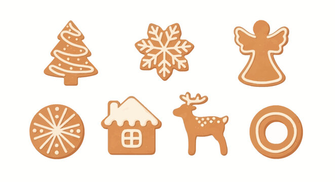 Gingerbread cookies in the shape of a Christmas tree, snowflake, angel, house, reindeer, and circle.