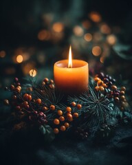 Burning candle in holiday wreath with pine needles and berries