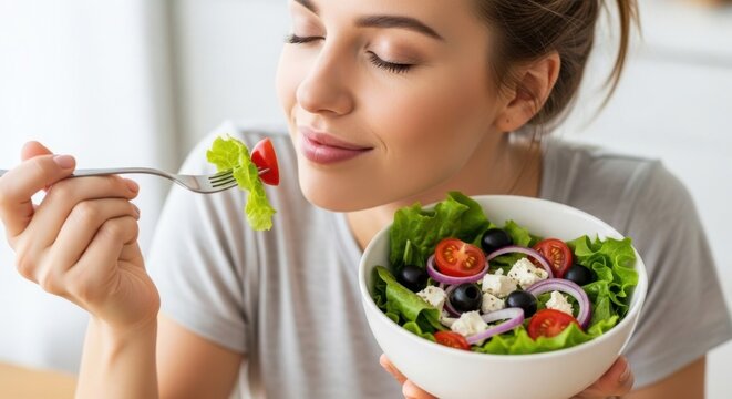 Woman enjoying fresh healthy salad a delicious meal full of nutrients and flavor