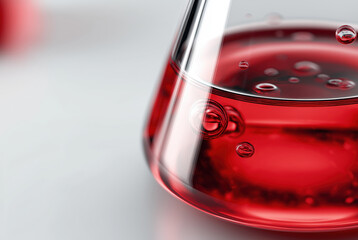 detailed view of a laboratory flask filled with vibrant red liquid and visible air bubbles, suggesting chemical reactions, laboratory research, or scientific experimentation