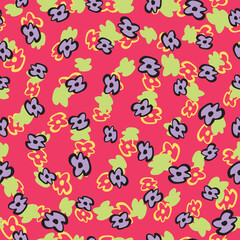 Cute, minimal floral head retro seamless repeat pattern. Random placed, hand drawn botany aop, all over surface print on reddish pink background.