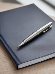 Silver pen on a closed black notebook on a wooden desk.