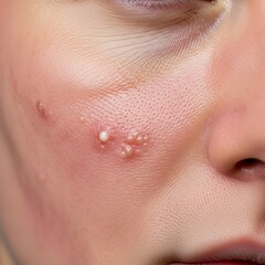 Fototapeta premium Close-up of a young persons cheek with several inflamed pimples and pustules.
