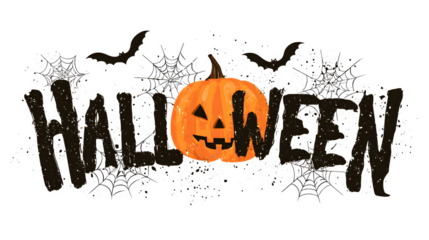 Halloween typography design with pumpkin, bats, and webs, spooky celebration concept, isolated on white background