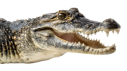 alligator with open jaws, sharp teeth visible, fierce reptile portrait, isolated on white background