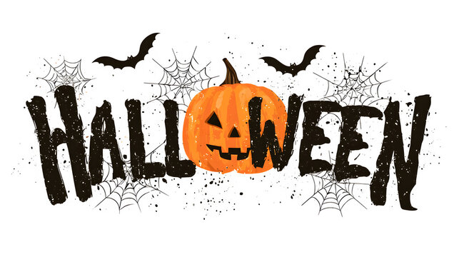 Halloween typography design with pumpkin, bats, and webs, spooky celebration concept, isolated on white background