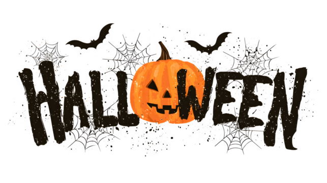 Halloween typography design with pumpkin, bats, and webs, spooky celebration concept, isolated on white background