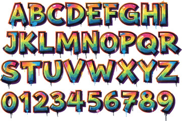 Vibrant rainbow graffiti alphabet and numbers set for creative designs, perfect for posters, banners, and urban art projects with a modern, edgy style