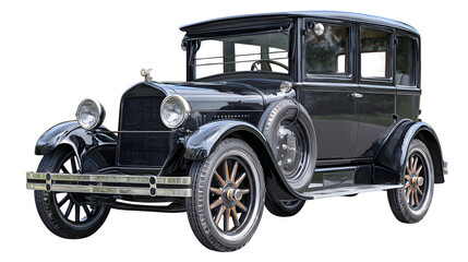 antique black car with chrome details, classic vintage automobile, isolated on white background