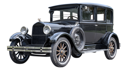 antique black car with chrome details, classic vintage automobile, isolated on white background