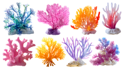 assorted colorful coral pieces, vibrant marine life forms, isolated on white background