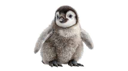 baby penguin chick standing, fluffy feathers and tiny flippers, isolated on white background