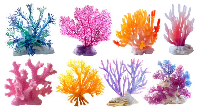 assorted colorful coral pieces, vibrant marine life forms, isolated on white background