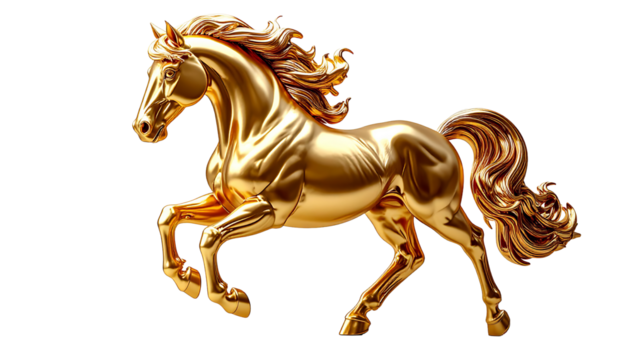 Golden horse statue, symbol of the Chinese New Year 2026, isolated on a transparent background. Represents success and power. Elements, collage, set, pack, bundle, Isolated, cutout, PNG