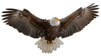 Obraz premium bald eagle flying on white background, wings spread, isolated on white background