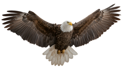 bald eagle flying on white background, wings spread, isolated on white background