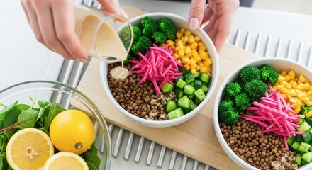 Pouring sauce into a healthy grain bowl with fresh vegetables