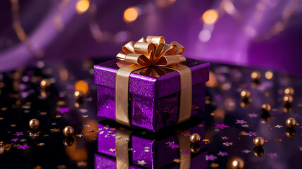 elegant holiday present wrapped in glittery purple and gold decorations