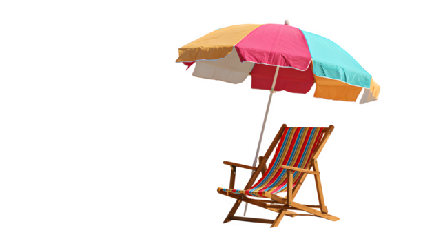 beach umbrella and chair setup, vacation relaxation, isolated on white background