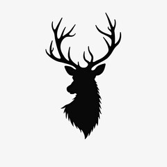 Naklejka premium A black silhouette of a stag head with large antlers. Deer icon for hunting or Christmas design. Minimalist wildlife logo element isolated on a white background