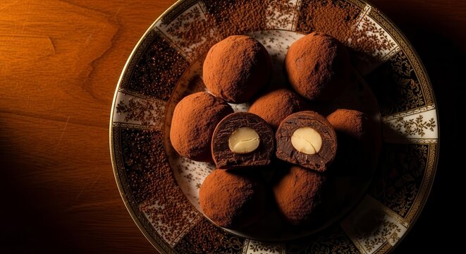 Decadent Truffles Elegantly Arranged With Center Nut Displayed On A Decorative Plate