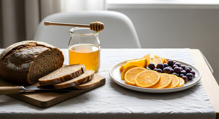 Wholesome breakfast spread with fresh bread, honey, and sliced fruits, perfect for a healthy start