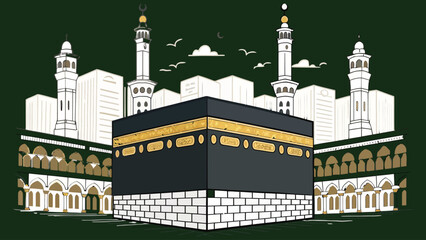 kaaba outline, minimal Islamic vector, two color art, sacred design, elegant line illustration