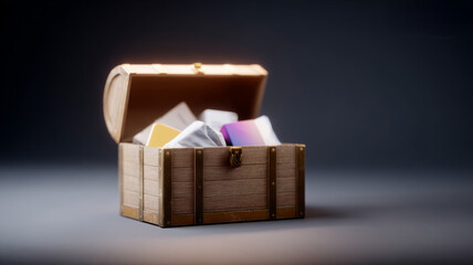 Open treasure chest with gifts inside on a dark background.