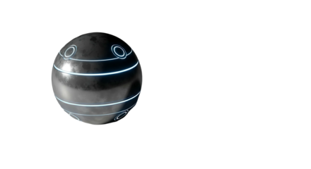 A black sphere with white stripes and circular indentations.