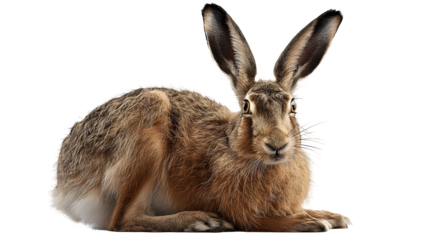 brown hare sitting upright with long ears and soft fur, alert expression, isolated on white background