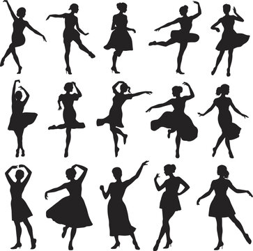 Dance pose silhouettes, expressive movement, female dancers, artistic posture, graceful stance, dynamic figure, fashion illustration, motion study, black silhouette, minimalist art, dance grid, choreo