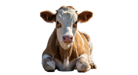 A cute brown and white calf lying down on a white background looking directly at the camera.