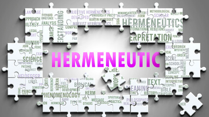 Hermeneutic as a complex subject, related to important topics. Pictured as a puzzle and a word cloud made of most important ideas and phrases related to hermeneutic. ,3d illustration