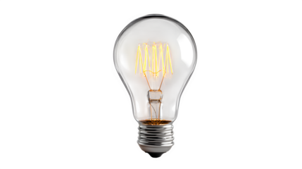 clear glass light bulb with glowing filament visible, creative innovation concept, isolated on white background