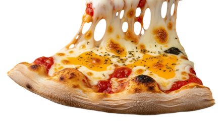 A delicious slice of pizza with extra stretchy melted cheese.