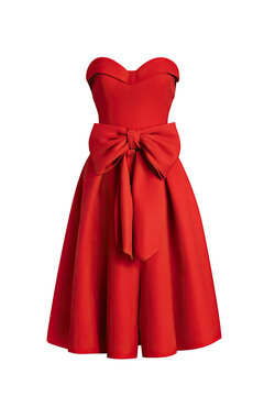 Red, strapless, A-line dress with large bow