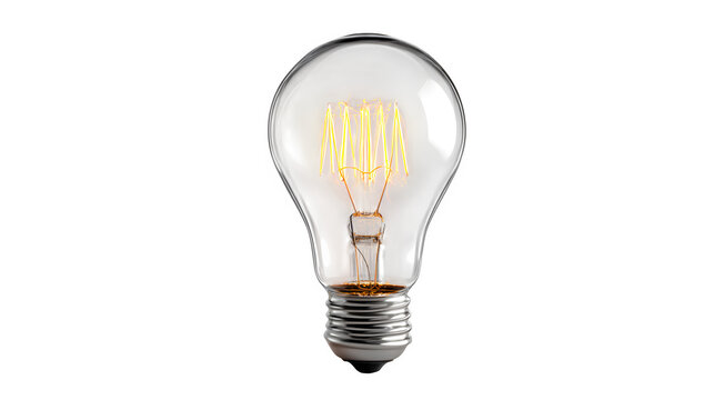 clear glass light bulb with glowing filament visible, creative innovation concept, isolated on white background