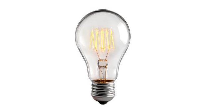 clear glass light bulb with glowing filament visible, creative innovation concept, isolated on white background - Powered by Adobe