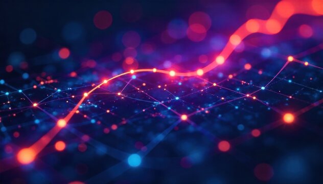 Abstract visualization of retail sales data flowing through glowing network lines An abstract, digital visualization of interconnected glowing lines and nodes representing retail sales data. The lines