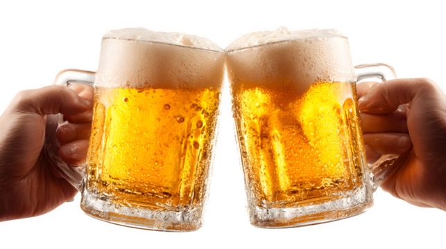 clinking beer mugs filled with frothy golden ale, celebration drink moment, isolated on white background