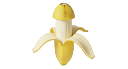 A peeled banana with its skin partially open against a white background.